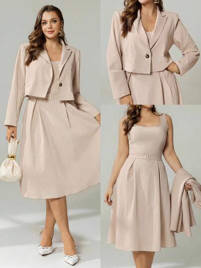 Auralis Plus Size 2-Piece Set: Solid Color Single-Breasted Long Sleeve Blazer And Sleeveless Pleated Waist-Cinching Dress, Elegant Suit Set In Apricot Textured Fabric, Suitable For Fall/Winter/Suit Vest & Long Dress / Plus Size Two-Piece Set With Belt / Textured Apricot Suit Set Spring Outfit For Women, Spring Suit Set For Women/Khaki Textured Suit Set / Short Jacket / Vest With Belted Pleated Midi Skirt