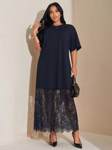 SHEIN Tall CURVE 大码纯色宽松休闲短袖T恤蕾丝连衣裙，时尚百搭，适合外出和通勤。 - 寶藍色 - 查看 6