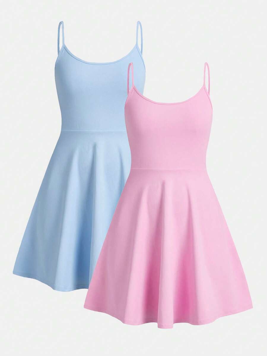 SHEIN Girlism 2pcs/Set Teen Girl Solid Color Casual Daily Vacation Camisole Dress - Pink - View 1