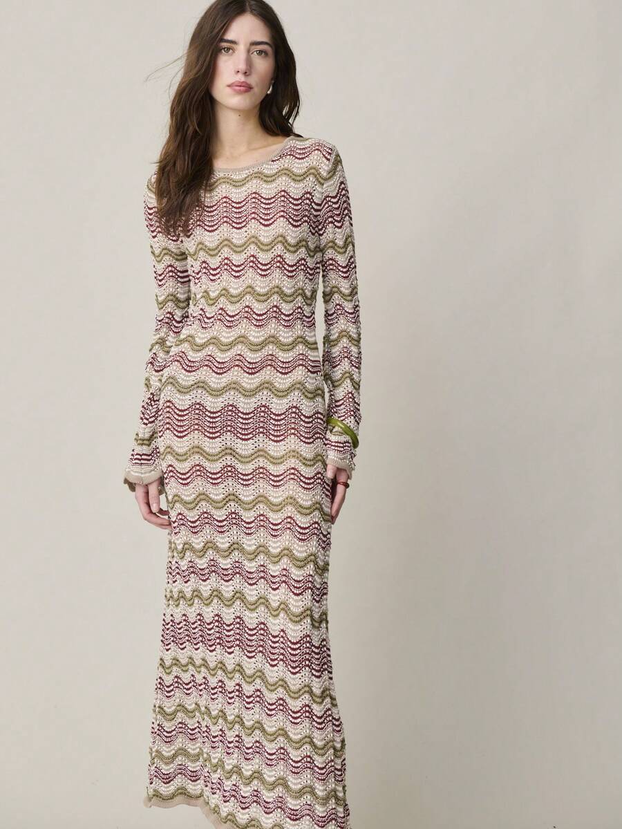 Nöista Long-Sleeved Midi Knit Dress Features A Round Neckline, Flared Hem. Soft Fabric Knit Transparency. Woman, Spring , Summer. - Multicolor - View 1