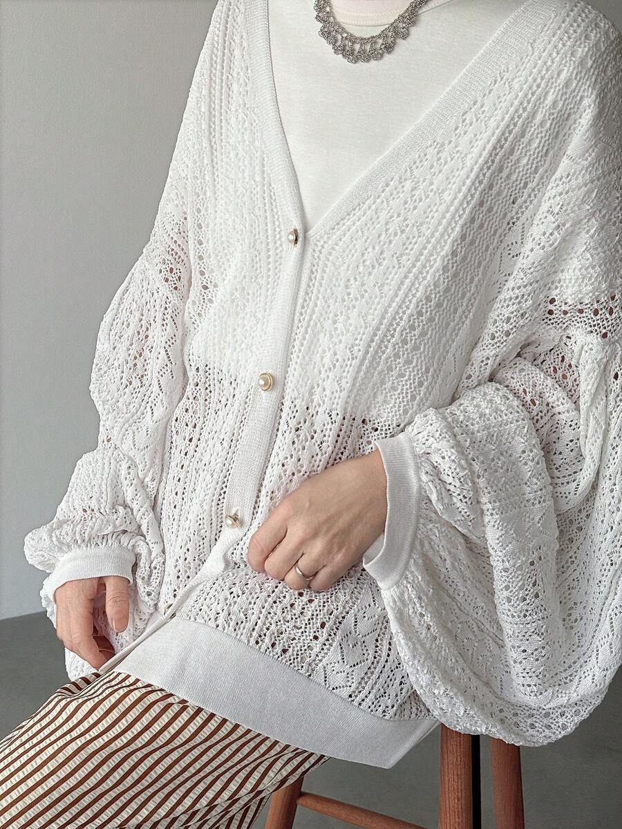 FRIFUL Women's Solid Color V-Neck Single-Breasted Hollow Casual Versatile Lightweight Cardigan For Daily Wear - White - View 1