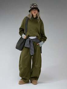 COUREZ Low Rise Baggy Balloon Joggers With Pleated Knees /Y2K Spring Clothes For Women Wide Leg Pants Woman Sweatpants For Woman Summer Outfits For Women Spring  Summer Loungewear Festival Oversized Pants Wide Leg Sweatpants Baggy Pants Concert Outfits - Army Green - View 6