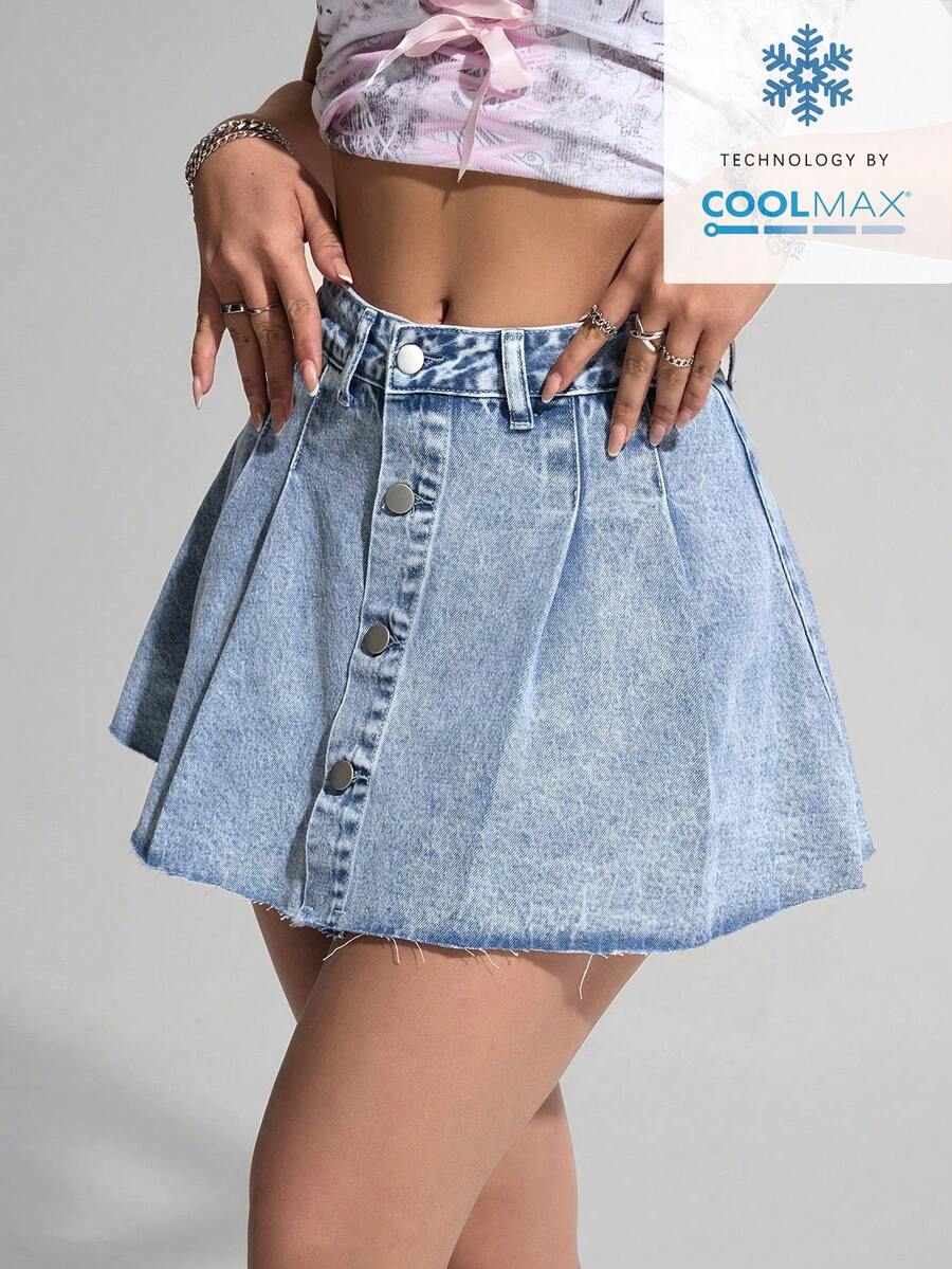 SHEIN ICON Chân váy denim ngắn màu trơn, cài cúc phía trước, xếp ly, có tua rua ở gấu váy, kiểu dáng thường ngày. - Rửa nhẹ - Xem 1
