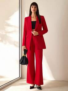 CLARA VERO Women's Solid Color Long Sleeve Blazer And Pants Casual Commuting Office Suit - Red - View 3