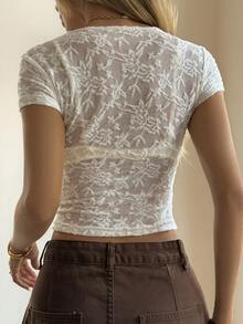 DAZY Women's Summer Semi-Sheer Lace V-Neck Short Sleeve Casual Slim Fit Undershirt - White - View 3