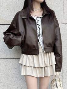 FRIFUL 女士纯色PU皮革落肩长袖拉链休闲外套 - 鏽棕色 - 查看 4