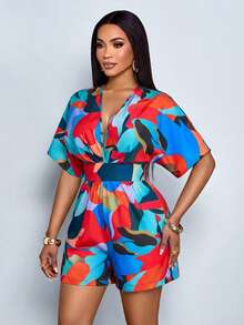 SOLERSUN 女士夏季时尚优雅度假几何花卉印花V领蝙蝠袖褶皱休闲连体裤 - 紅色 - 查看 5