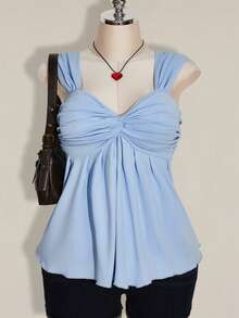SHEIN ICON 大码女式黑色扭结前襟无袖娃娃衫针织上衣，Y2K风格，适合毕业典礼、返校季、夏季穿着 - 藍色 - 查看 1