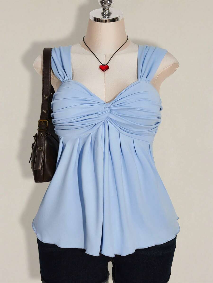 SHEIN ICON 大码女式黑色扭结前襟无袖娃娃衫针织上衣,Y2K风格,适合毕业典礼、返校季、夏季穿着 - 藍色 - 查看 1