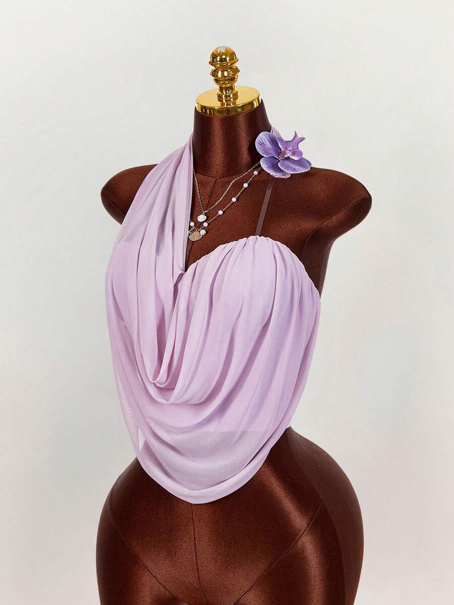Amplova Asymmetric Women Sheer Mesh Faux Flower Decor Top - Mauve Purple - View 1
