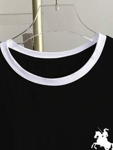 Resyla Women's Casual Patchwork Knight Print Round Neck T-Shirt, Summer - Black - View 3