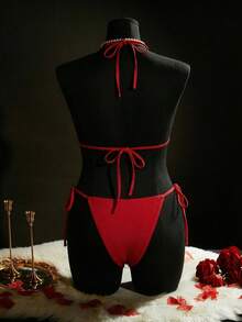 Swim SXY Bộ bikini gợi cảm buộc dây cổ hình trái tim màu trơn dành cho nữ, thích hợp mặc đi biển mùa hè. - Đỏ - Xem 3