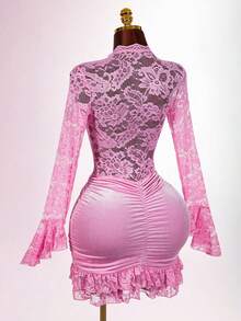 Amplova Christmas Vibe Deep V Waist Cinched Bodycon Mini Dress - Pink - View 8