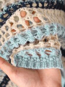 SHEIN CURVE+ 大码休闲蓝白条纹镂空船领宽松短款套头衫长袖女毛衣 - 彩色 - 查看 9