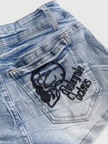 ROMWE Grunge Punk Quần short denim nữ cạp siêu thấp, thêu hình đầu lâu và đính đinh tán theo phong cách Y2K. - Màu xanh nhạt - Xem 4
