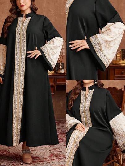 Al Najma Plus Size Black Patchwork Embroidered Floral Trim Loose Long Robe, Turkish/Arabic Robe, Long Sleeve, Women New Arrival Kaftan Jalabiya Dress