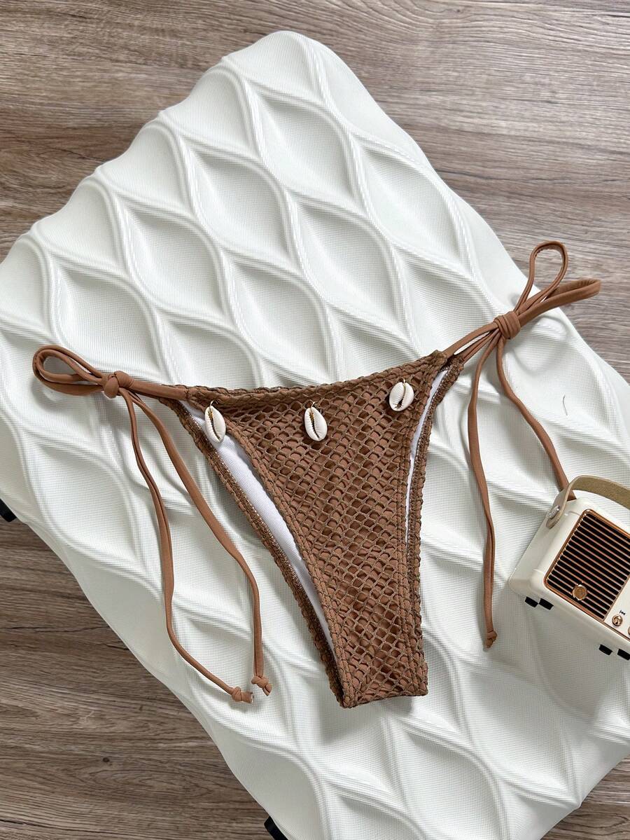 Swim Vcay Bottom de traje de baño casual de vacaciones en la playa para mujer con decoración de concha y lazos laterales de unicolor - Marrón - Ver 1
