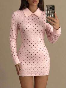 SHEIN ICON 女士修身黑白波点撞色领星期三迷你连衣裙 - 淺粉色 - 查看 3