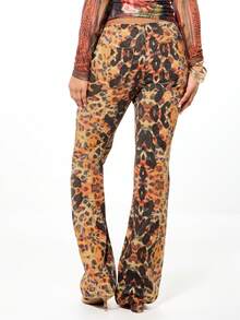 SUMWON WOMEN Boho Chic Flared Jeans With Leopard Print Lace Up Side Details Fall Fashion Denim Pants - Multicolor - View 2