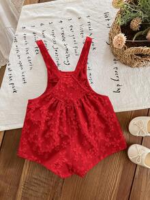 SHEIN LMoss Kids 女婴夏季休闲度假通勤纯色提花吊带连体衣 - 紅色 - 查看 2
