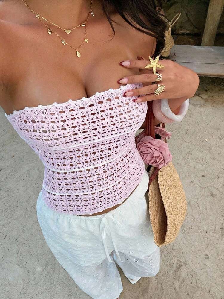 Sunnyshic Women's Strapless Vacation Striped Colorblock Sweater - Baby Pink - View 1