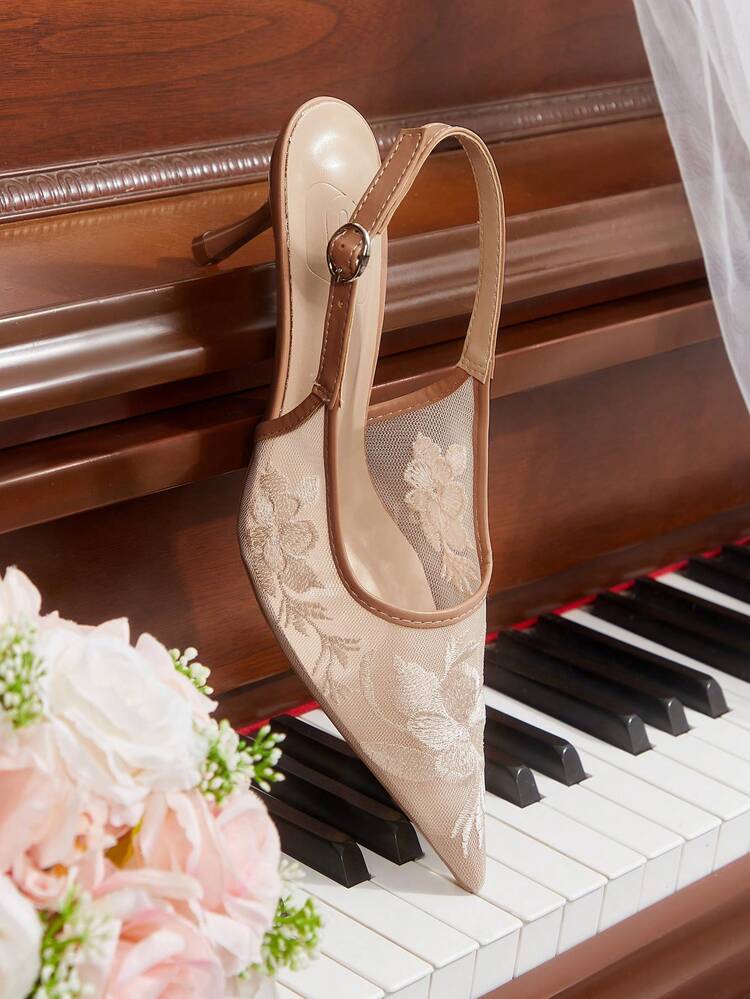 CUCCOO HITCHD Women's Elegant Pointy Toe Slingback High Heels With Beaded Mesh, Romantic Lace Design, Black Color, Suitable For Weddings, Parties, Formal Occasions