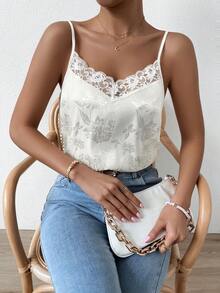 EMERY ROSE Floral Jacquard Contrast Lace Satin Cami Top Graphic Tees Women Tops - Beige - View 5