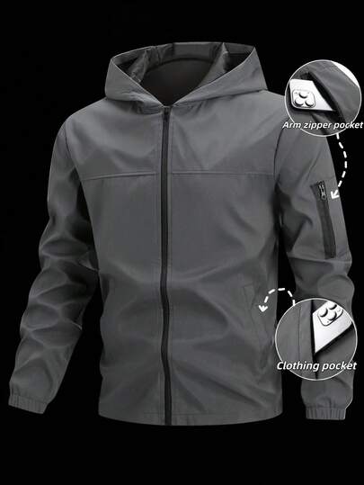 Men Light Grey Fabric Hooded Long Sleeve Outdoor Jacket For Sports And Outdoor Activities,Tech Wear Jacket, Fall