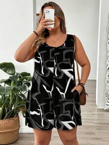 EMERY ROSE Plus Size Women Casual Minimalist All-Over Print Pocket Loose Romper - Multicolor - View 6