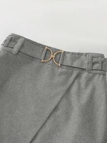 SHEIN Franclia Metal Buckle Asymmetric Hem Women Skirt - Light Grey - View 5