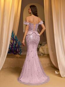 Glamrae 优雅奢华的露肩仿珍珠亮片V领鱼尾裙，适合婚礼、派对、度假、晚宴、正式场合（装饰繁复） - 藕粉色 - 查看 3