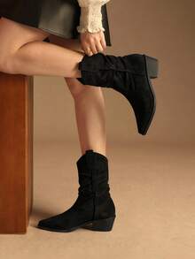 Rosivie Women's Pointed Toe Pleated Casual Fashion Chunky Heel Ankle Boots - Black - View 5