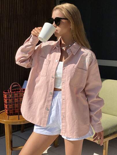 DAZY Women's Turndown Collar Long Sleeve Loose Shirt, Pink Casual City Vacation Style With Embroidery Decor Denim Jacket And Coat