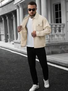 Manfinity CasualCool Áo khoác nam dáng suông phối màu thu đông, áo khoác nam kiểu sơ mi vải nhung kẻ có túi trước và khóa kim loại, mẫu bán chạy nhất trên INS, phù hợp cho mùa xuân và mùa thu, dành cho nam giới lịch lãm, mặc hàng ngày, đi chơi cuối tuần, hoạt động ngoài trời, du lịch, môi trường làm việc thoải mái hoặc các dịp bán trang trọng, quà tặng cho bạn trai/chồng, quà kỷ niệm/sinh nhật, tiệc tùng, kỳ nghỉ hè, đám cưới, từ xuân sang hè, lễ hội Mardi Gras. Áo khoác nam thời trang vải nhung kẻ cài cúc toàn thân có túi, nhẹ nhàng cho mùa thu xuân, áo khoác ngoài nam, áo sơ mi nam màu kem cài cúc, áo sơ mi nam màu be cài cúc, áo sơ mi nam vải nhung kẻ cài cúc. - Màu be - Xem 8