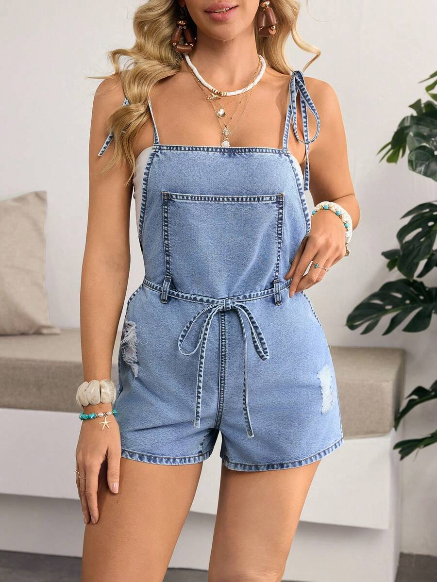 Breezaya 女士破洞打结露肩休闲牛仔连体裤 Y2K 夏季服装游艇装女装女士夏季服装牛仔连体裤沙滩装 - 藍色 - 查看 1