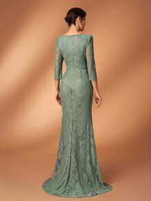 Serin Elegant Luxurious Diamond Beaded Elastic Lace Sheer Sleeve Ruched Mermaid Skirt, Suitable For Weddings, Parties, Vacations, Balls, Holidays, Bride & Mother Of The Bride Evening Gowns - Green - View 3