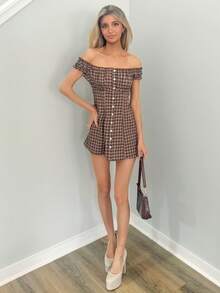 Sydney Algeri 女士休闲时尚修身格子露肩迷你连衣裙 - 咖啡棕 - 查看 6