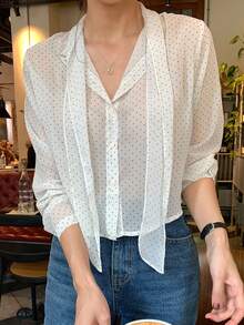 DAZY Áo kiểu nữ dáng rộng, cổ buộc dây, phối màu chấm bi, tay dài, thích hợp cho mùa hè. - trắng - Xem 9