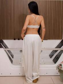 AfricaSnchz 女式夏季基本款条纹阔腿运动裤 - 白色 - 查看 2