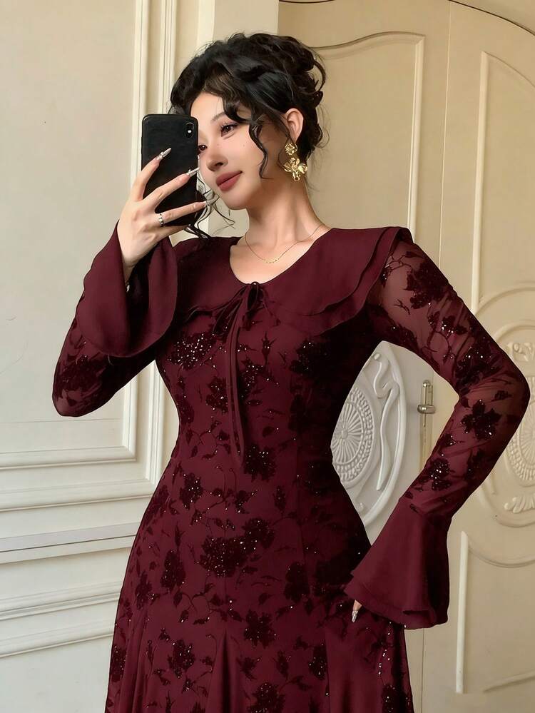 Women's Elegant Floral Patchwork Sheer Mesh Ruffle Sleeve Peter Pan Collar Waist Godet Hem Dress, Suitable For Spring, Summer And Autumn Sundress