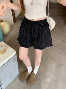 DAZY 女士休闲宽松荷叶边波点短裤 - 黑色 - 查看 3