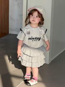 DAZY 女嬰字母印花蝴蝶結裝飾圓領套頭上衣 夏季幼兒 - 灰色 - 查看 6
