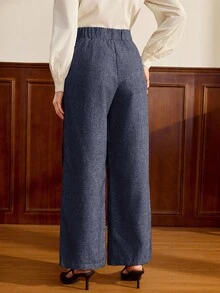 Vintamour Vintage Classic Elegant Women's Pants, Fitted Contrast Trim Long Pants, Button Closure Brown Trousers, Autumn/Winter Navy Blue Pants Elegant Pants For Women High Waist Pants Woman - Dusty Blue - View 2