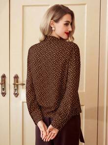 Vintamour 复古优雅女士波点雪纺衬衫，宽松长袖，杏色，适合春季、夏季情人节外出穿着 - 咖啡棕 - 查看 2