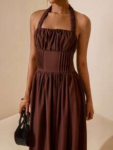 Vesra Women's Solid Color Halter Elastic Ruched Waist Dress - Brown - View 6