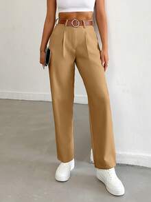 EURMUSE 女士纯色褶皱直筒宽松日常休闲通勤长裤 - 駝色 - 查看 3