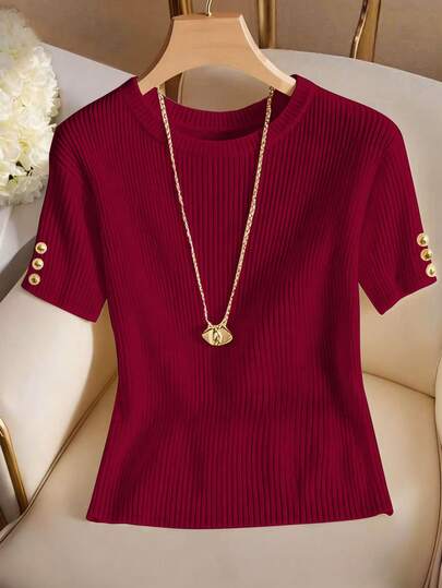 Franclia Elegant Round Neck Knit T-Shirt, Minimalist Fashion Knit Top, Spring/Summer