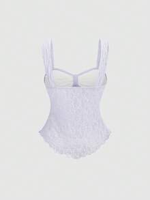 Sweetra Áo croptop không tay cổ tim thanh lịch với nơ ren và họa tiết in. - Màu tím hoa cà - Xem 2