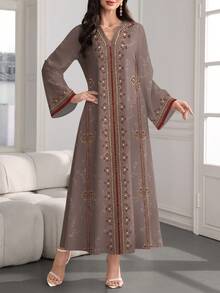 SHEIN Najma Women's Floral Print V-Neck Long Sleeve Elegant Arabic Style Maxi Dress, Spring/Autumn - Multicolor - View 3