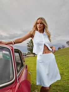 Aralina Winter/ Fall Picot Trim On Waistband A Line Flowy Cute Midi Skirt Perfect For Homecoming Graduation - Baby Blue - View 4